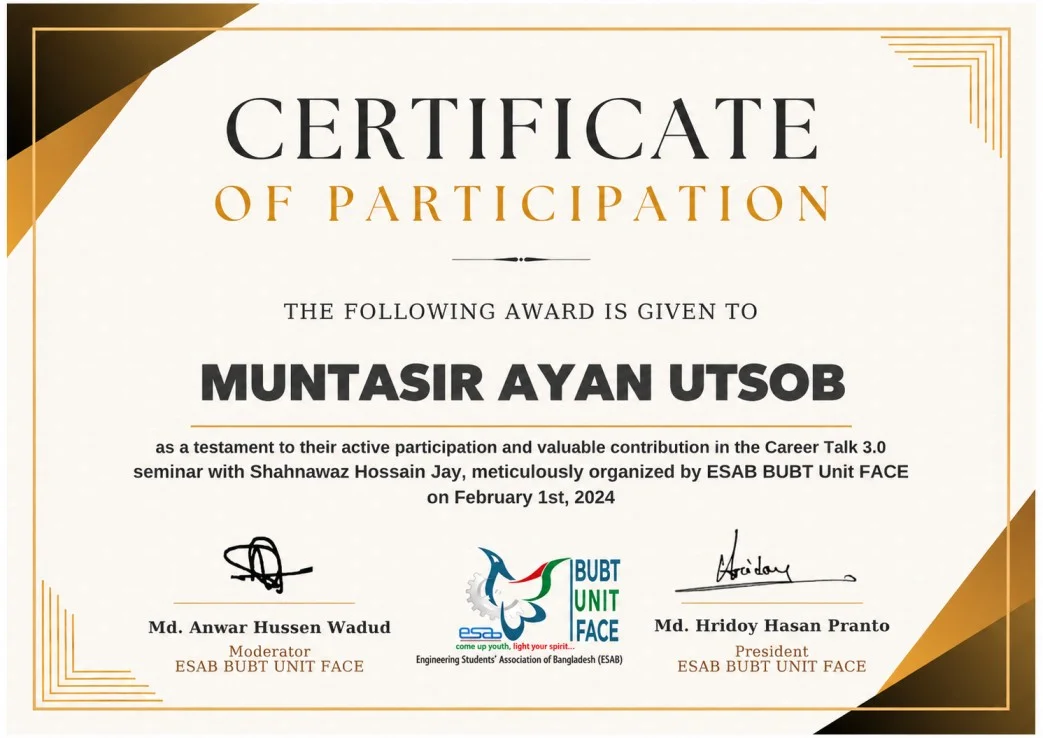 BUBT UNIT FACE Career Talk 3.0 with Shahnawaz Hossain Jay Certificate